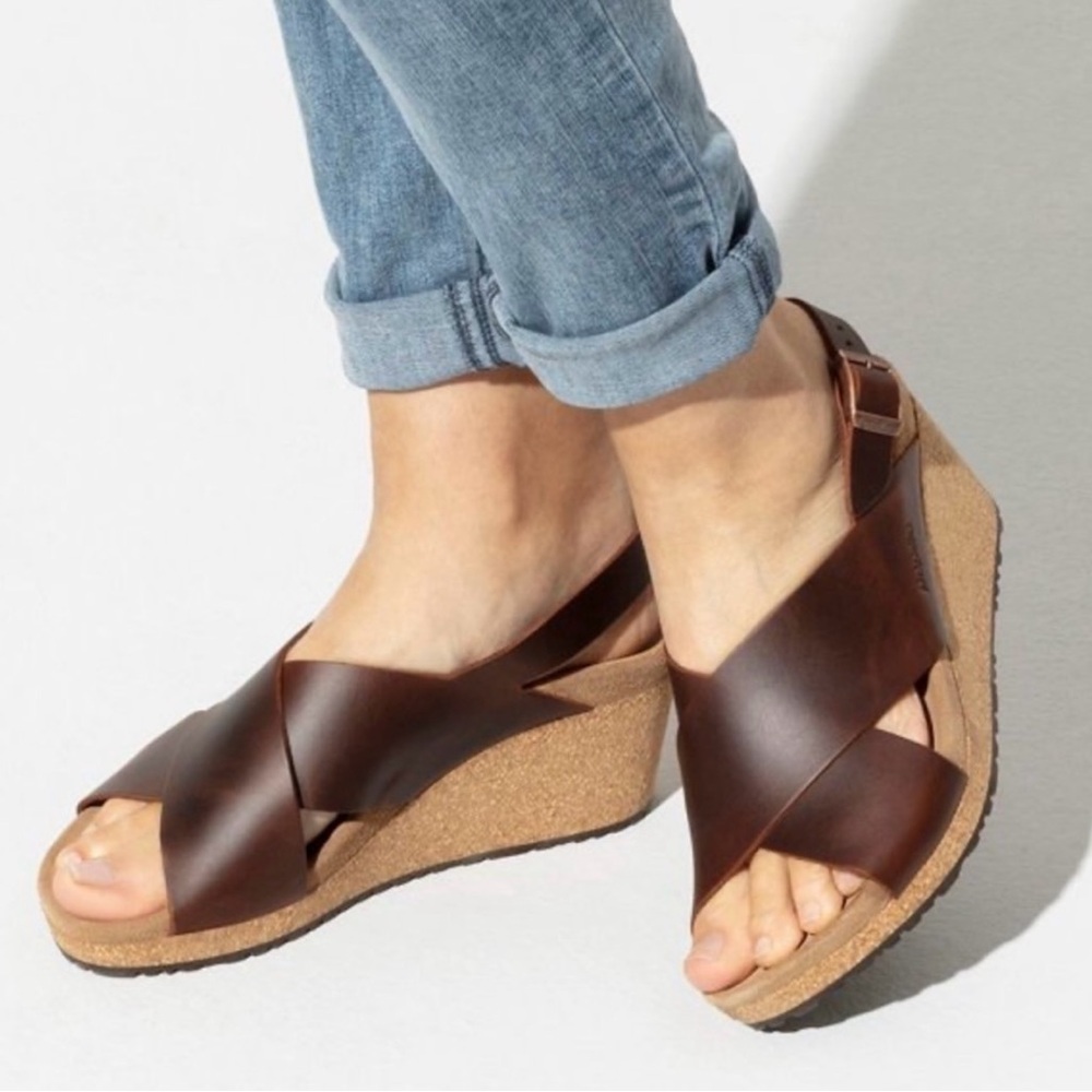 Birkenstock Papillio Samira Brown Leather Wedge Sandals Size 40